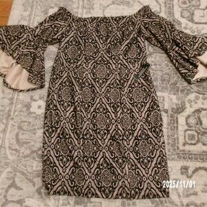 NEW Venus Women's Nude Black Lace Bell Sleeve Off The Shoulder Dress Size 20